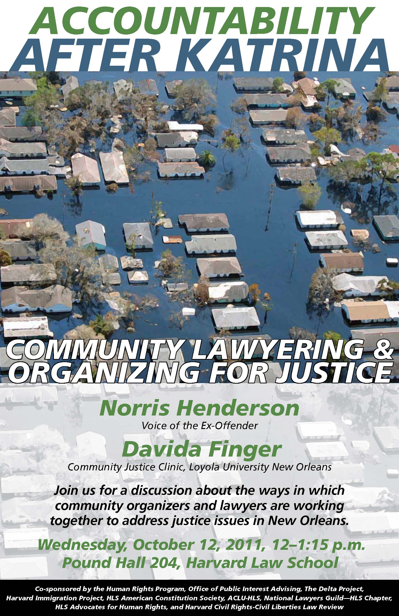Event poster shows an image of New Orleans under water after Katrina with roofs poking out beneath floods. 