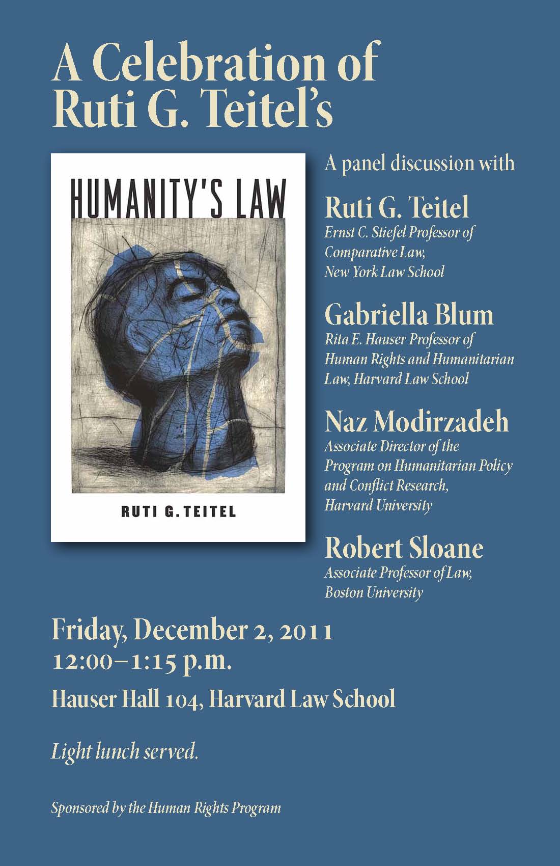Event poster has a book cover on it for "humanity's law," with a head illustrated in blue tilted back.