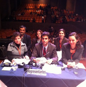 Oral arguments before the Interamerican Court of Human Rights on the provisional measures for the Socioeducational Internment Unit (UNIS), a juvenile detention center in Espírito Santo, Brazil. August 2011. From left to right: Sandra Carvalho, of Justiça Global, Padre Xavier Paolillo, of Pastoral do Menor, Marta Falqueto, of Centro de Defesa dos Direitos Humanos da Serra, Fernando Delgado, Clinical Instructor, Deborah Popowski, Clinical Instructor, and Clara Long, '12.