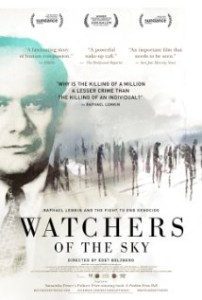 Movie poster for "Watchers of the Sky," has a large head of a man looking out with barely made out bodies behind him.