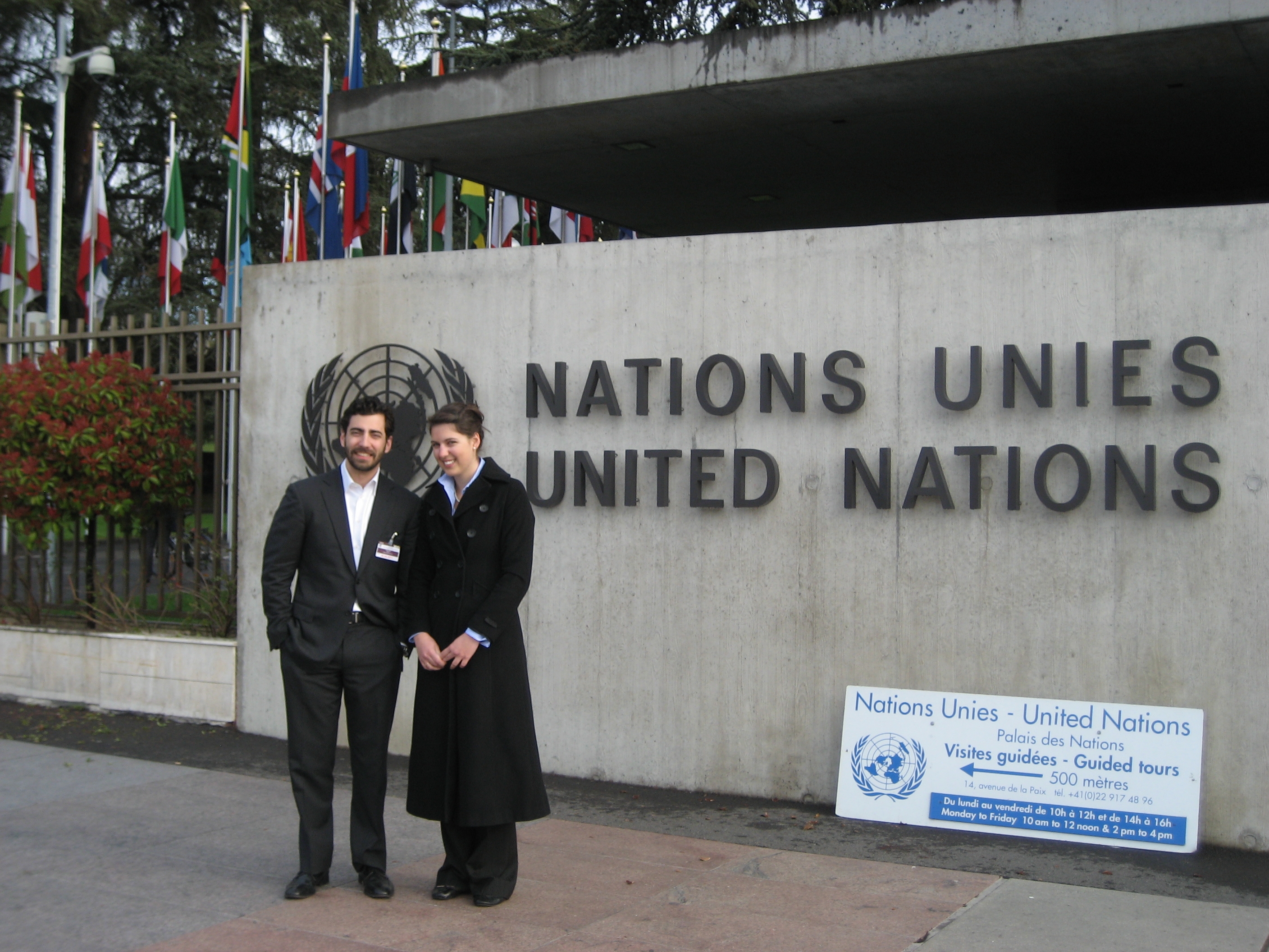 Joe Philips and Joanne Box stand in front of the United Nations in Geneva.