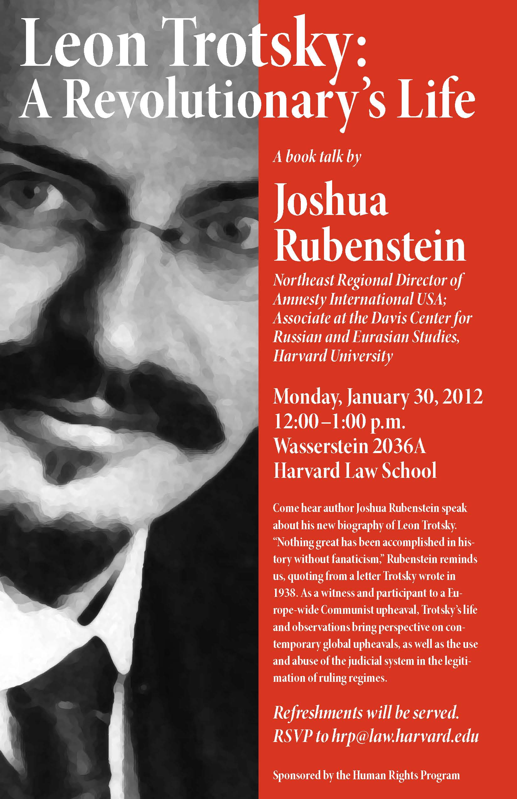 Poster for event, Leon Trotsky: A Revolutionary's Life, by Joshua Rubenstein, depicts half of Trotsky's face next to text describing the event.