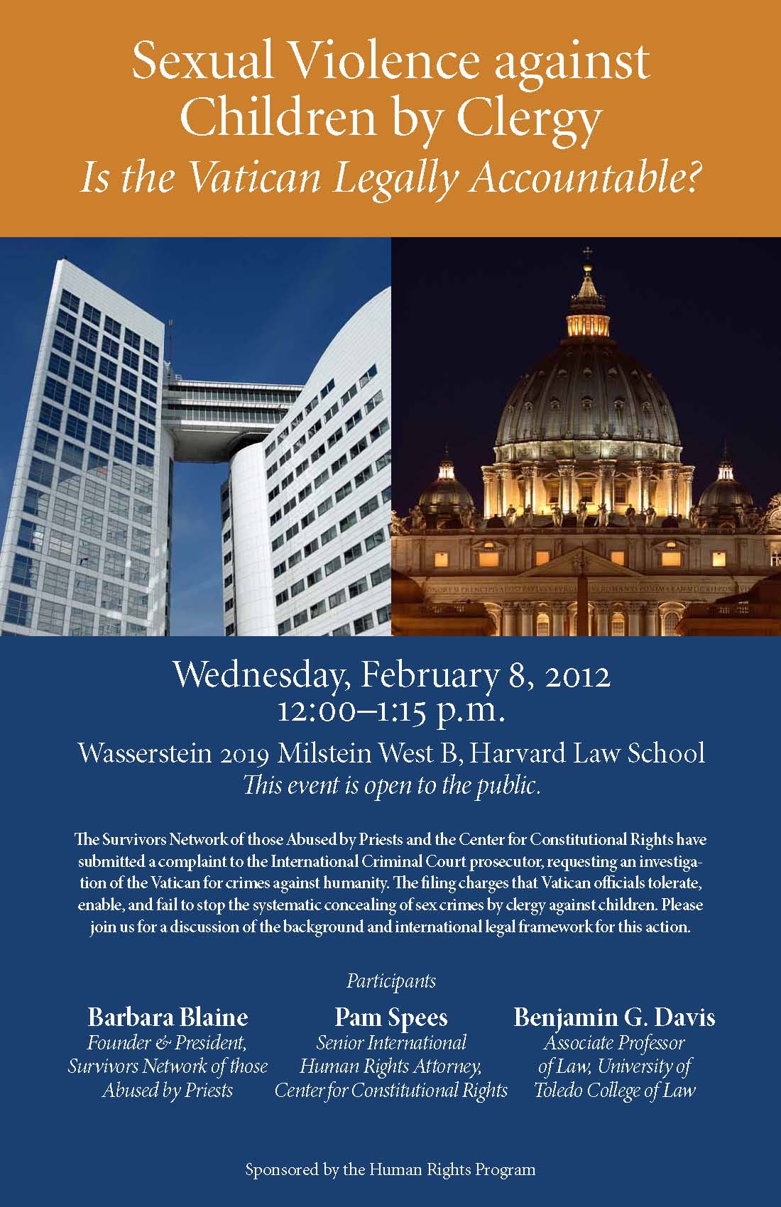 Event poster shows an image of a court juxtaposed with an image of the Vatican.