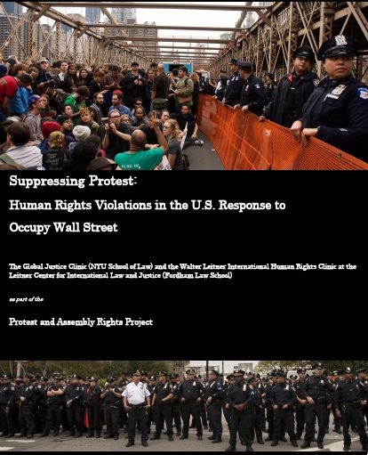 Event poster for, "Suppressing Protest: Human Rights Violations in the U.S. Response to Occupy Wall Street," depicts pictures of protesters surrounded by a police barricade.