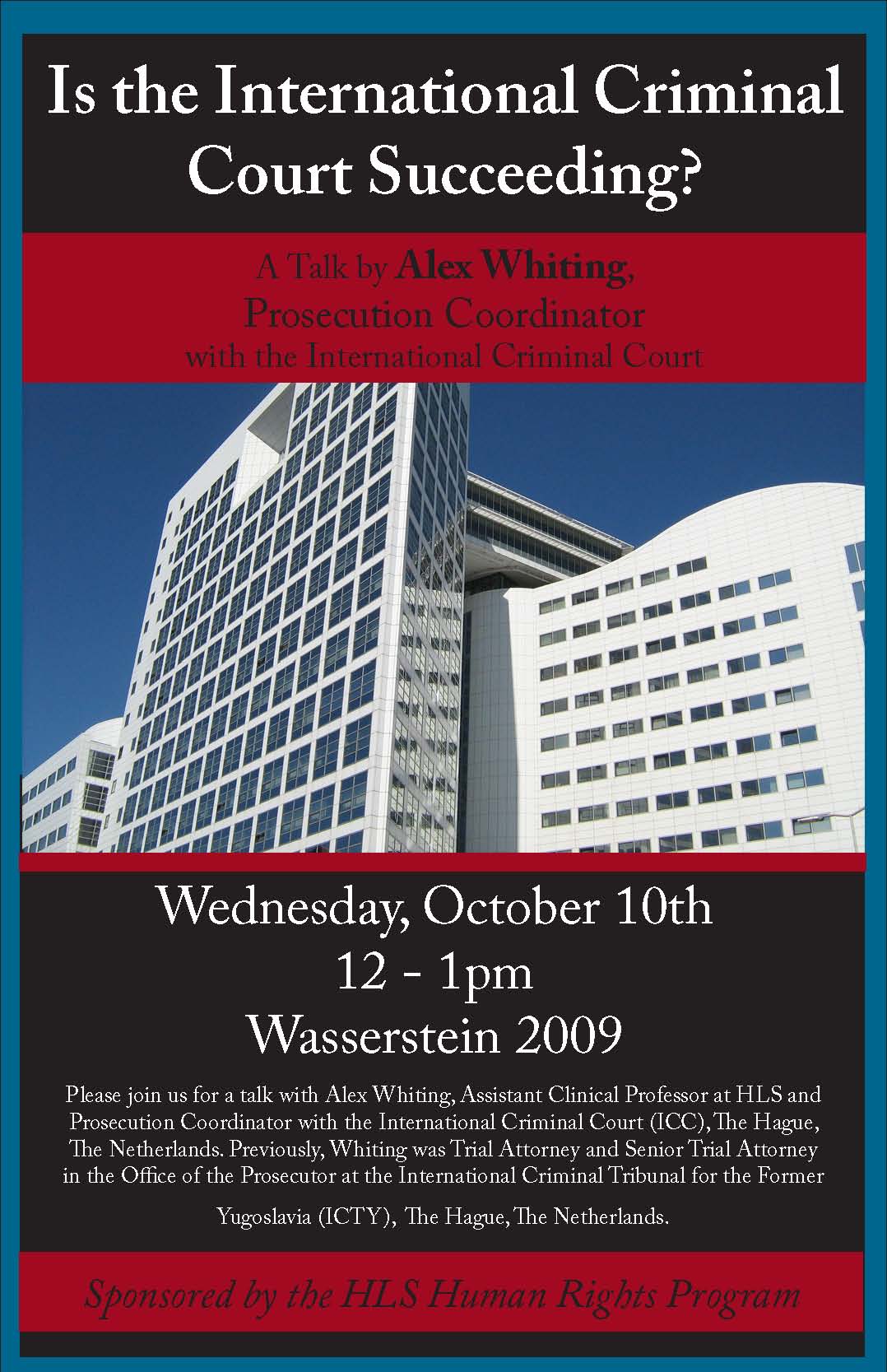 Event poster shows an image of the International Criminal Court building.