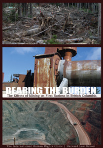Bearing the Burden Report Cover: top image of deforestation, middle image of an oil dill, bottom image is that of a dry dam.