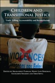 Children and Transitional Justice Report Cover: a child wears a white t-shirt with the world "violences" crossed out with a red "X".