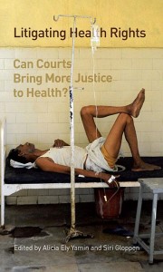 Litigating Health Rights Report Cover: man lays on a hospital with left leg over right knee and an IV drip in front of him.