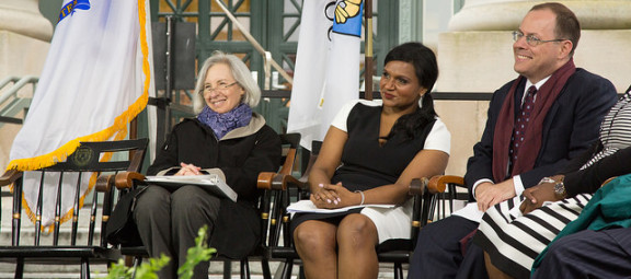 From left at Class Day: HLS Dean Martha Minow, Actress/Comedian Mindy Kaleng, and Tyler