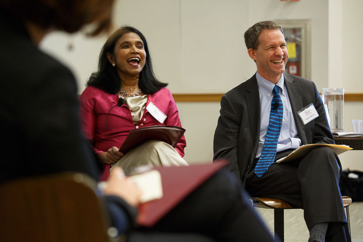  Rangita de Silva de Alwis, SJD ’97, Director, Global Women’s Leadership Initiative, Women in Public Service Project, Woodrow Wilson International Center for Scholars, and  James A. Goldston, JD ’87, Executive Director, Open Society Justice Initiative, on the human rights advocacy panel