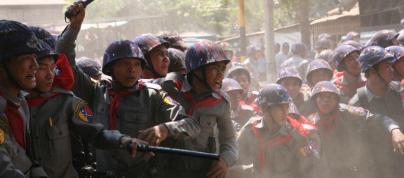 Police officers shout at protesters during the crackdown in Letpadan, Bago Region, March 10, 2015. ©2015 Paul Mooney.