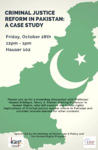 Poster for event, Criminal Reform in Pakistan, shows the Pakistani flag symbols over a green outline of the country.