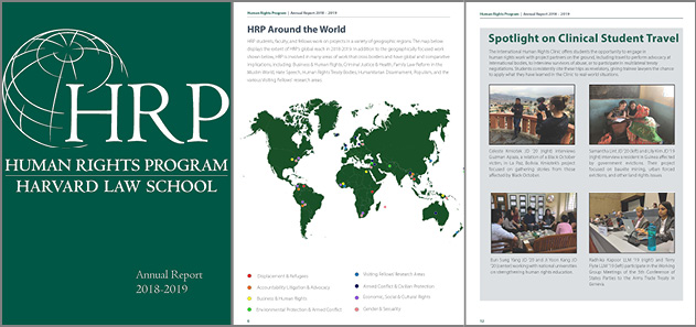 A banner that shows pages from the annual report: including the cover image, a map of our global reach and impact, and pictures of students traveling on clinical trips.