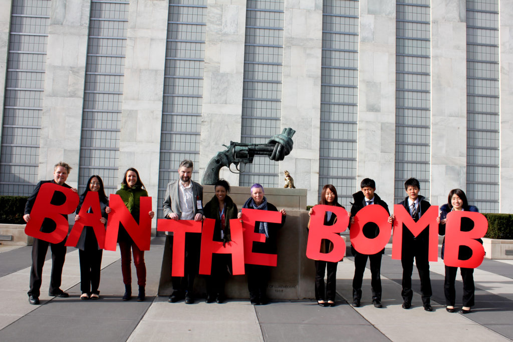 Campaigners outside the United Nations during negotiations of the Treaty on the Prohibition of Nuclear Weapons in New York on March 31, 2017.
