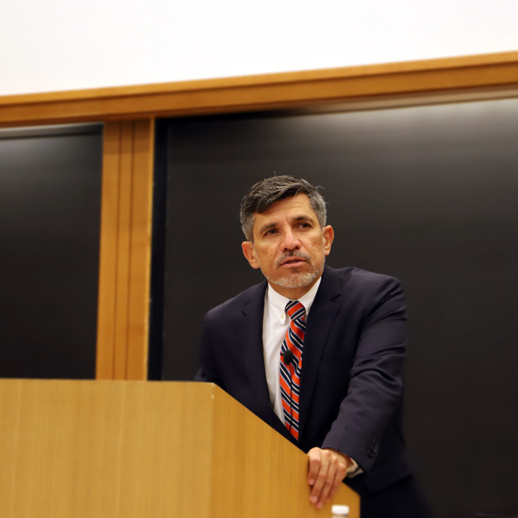 Image of Victor Madrigal-Borloz speaking at Harvard Law School on October 17, 2019.