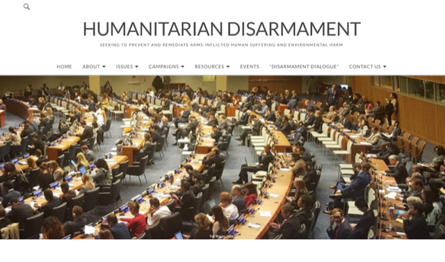 Screenshot of new Humanitarian Disarmament website with a large picture of a UN meeting.