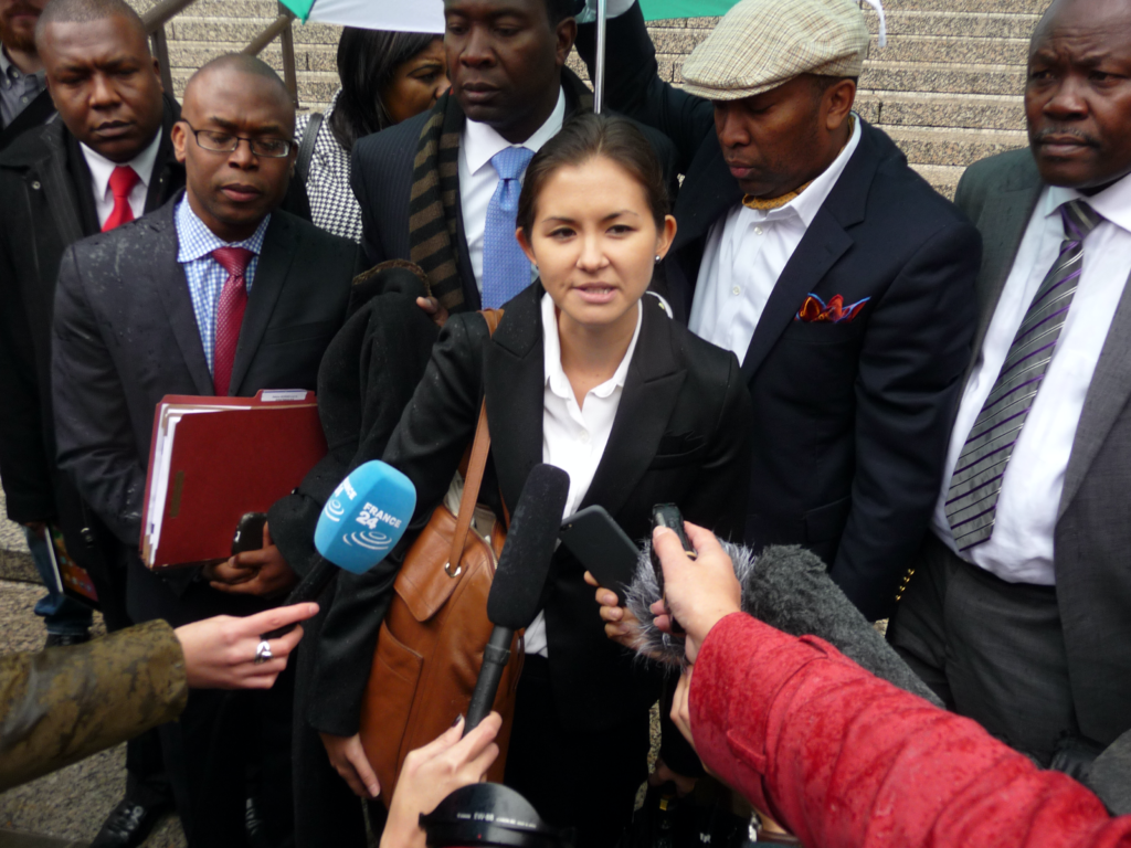 Beatrice Lindstrom talks to reporters after a lawsuit against the UN was dismissed