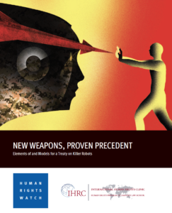 Cover of New Weapons, Proven Precedent report (illustrative image of a person warding off a missile emerging from a human's mind)