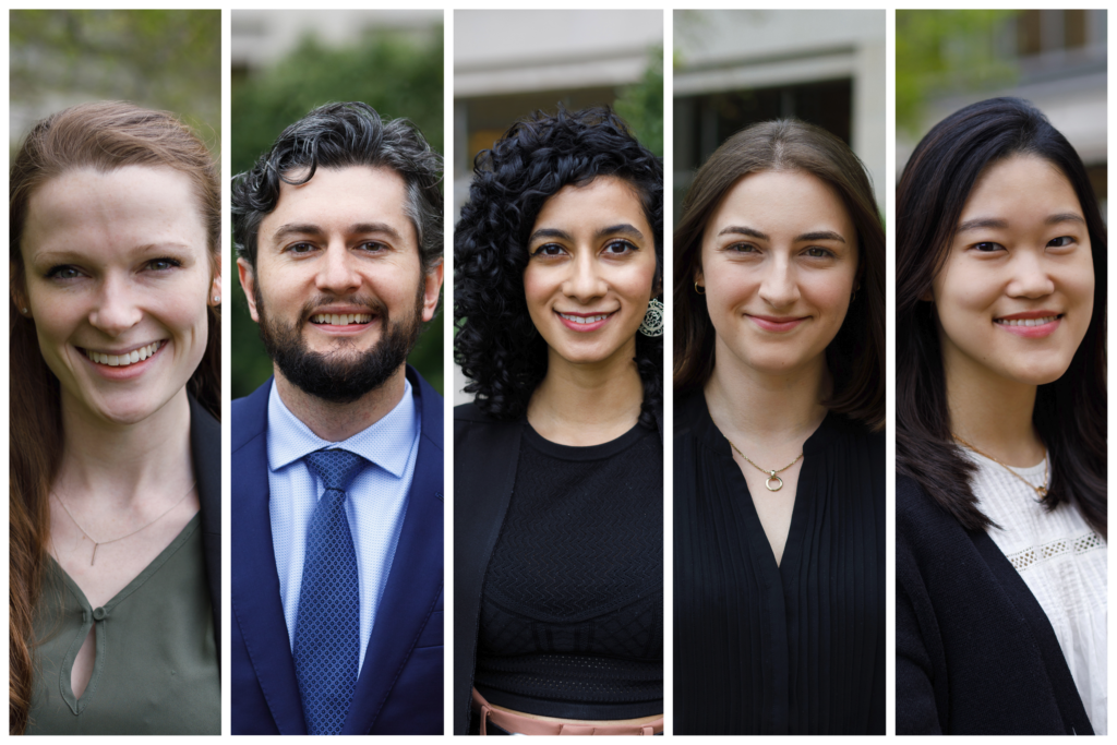 Group photo of 2022 HRP summer fellows including from left to right: Madeleine Rogers, Andrew Santana, Ishita Petkar, Zoe Shamis, Julia Lee.