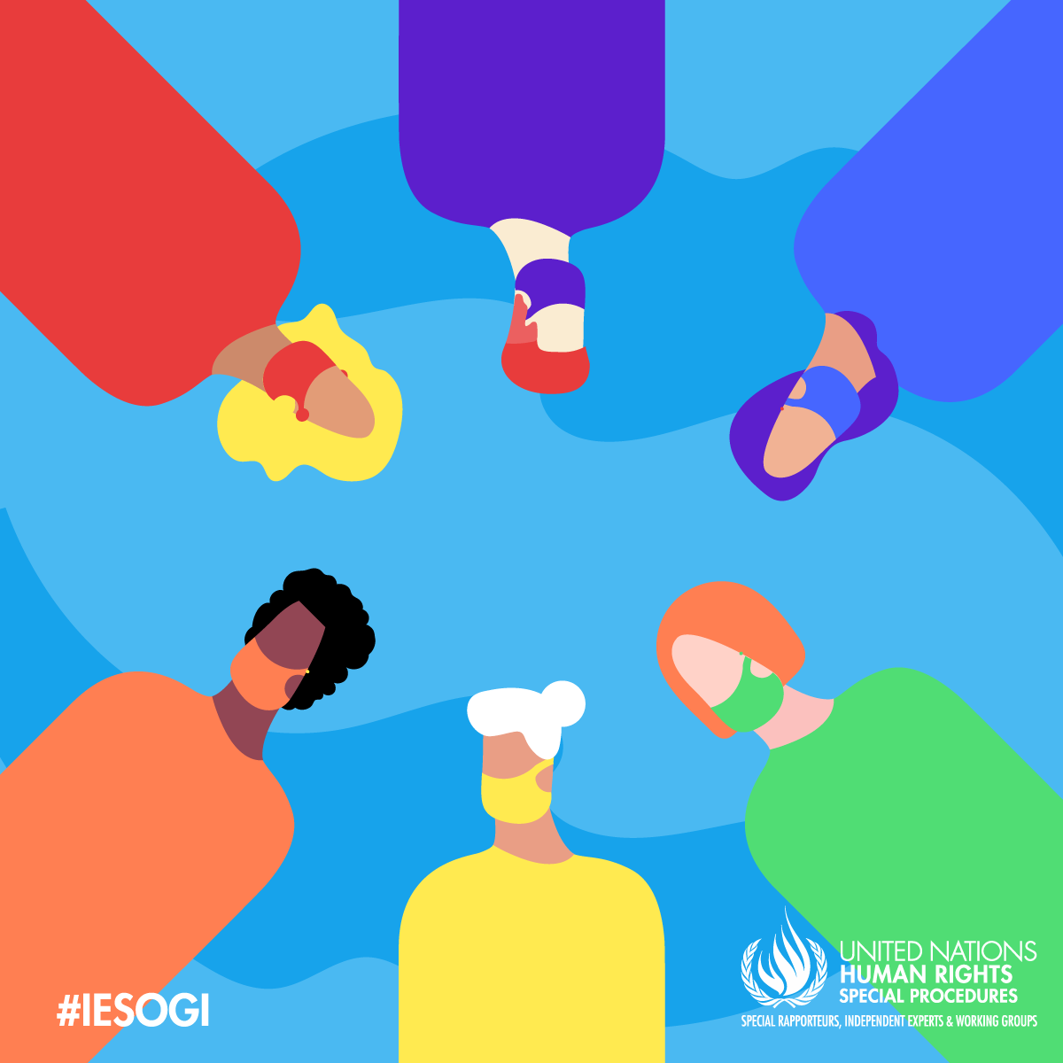 UN graphic with people in masks in various colors