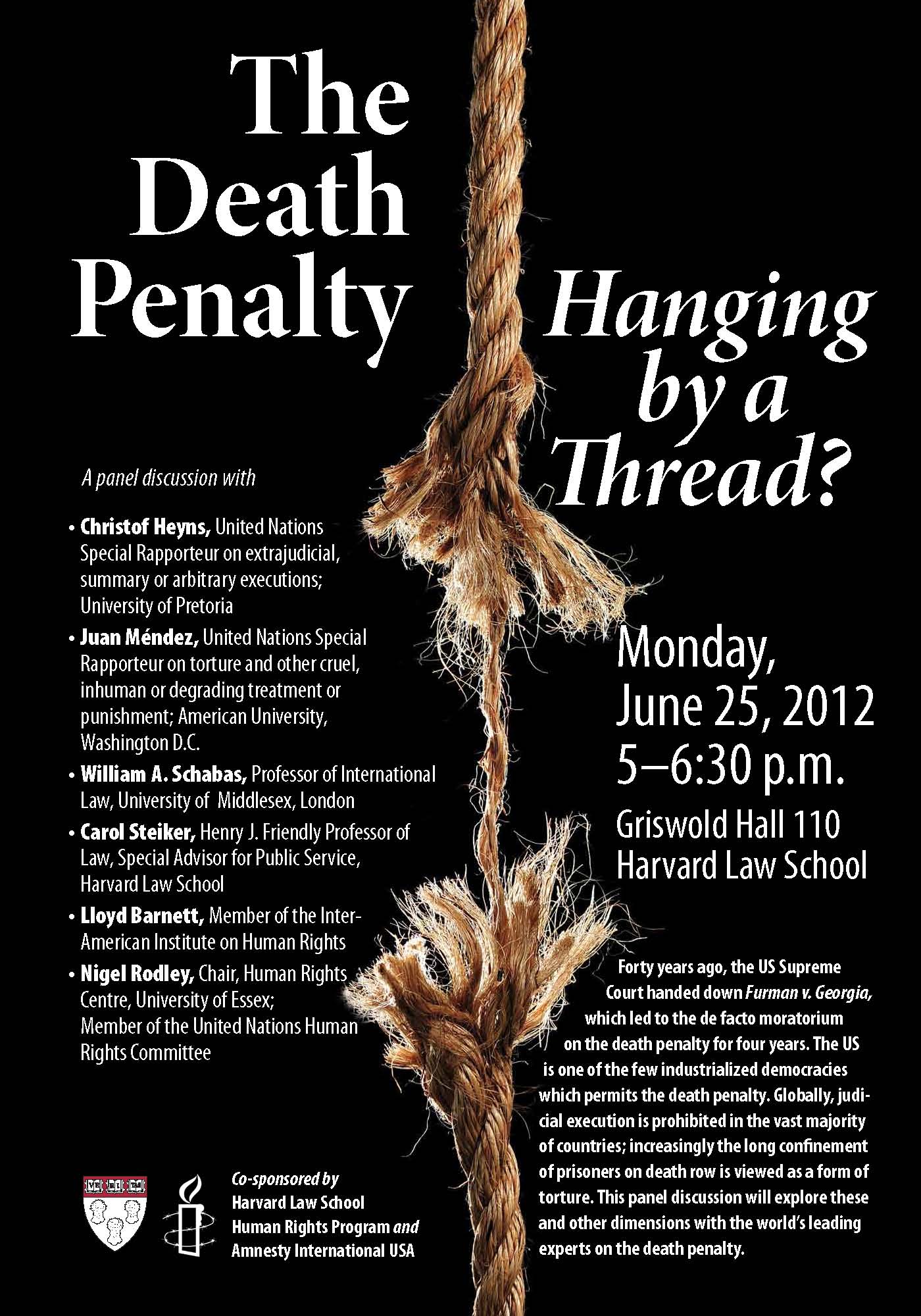 A rope being pulled apart in the center of the page along with event details for "The Death Penalty; Hanging by a Thread?" event.