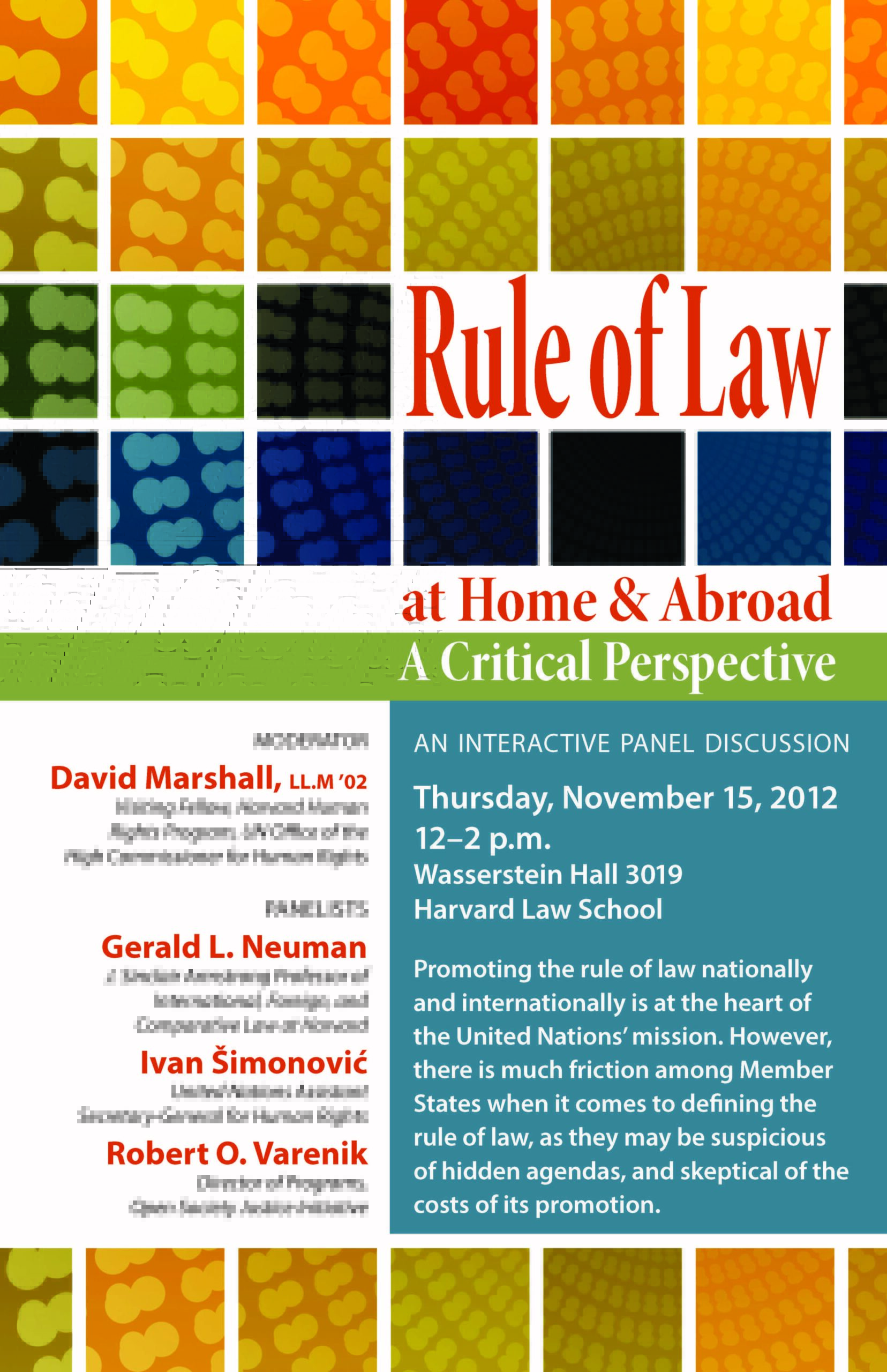 "Rule of Law: at Home & Abroad" Poster: square of various colors along with event details.