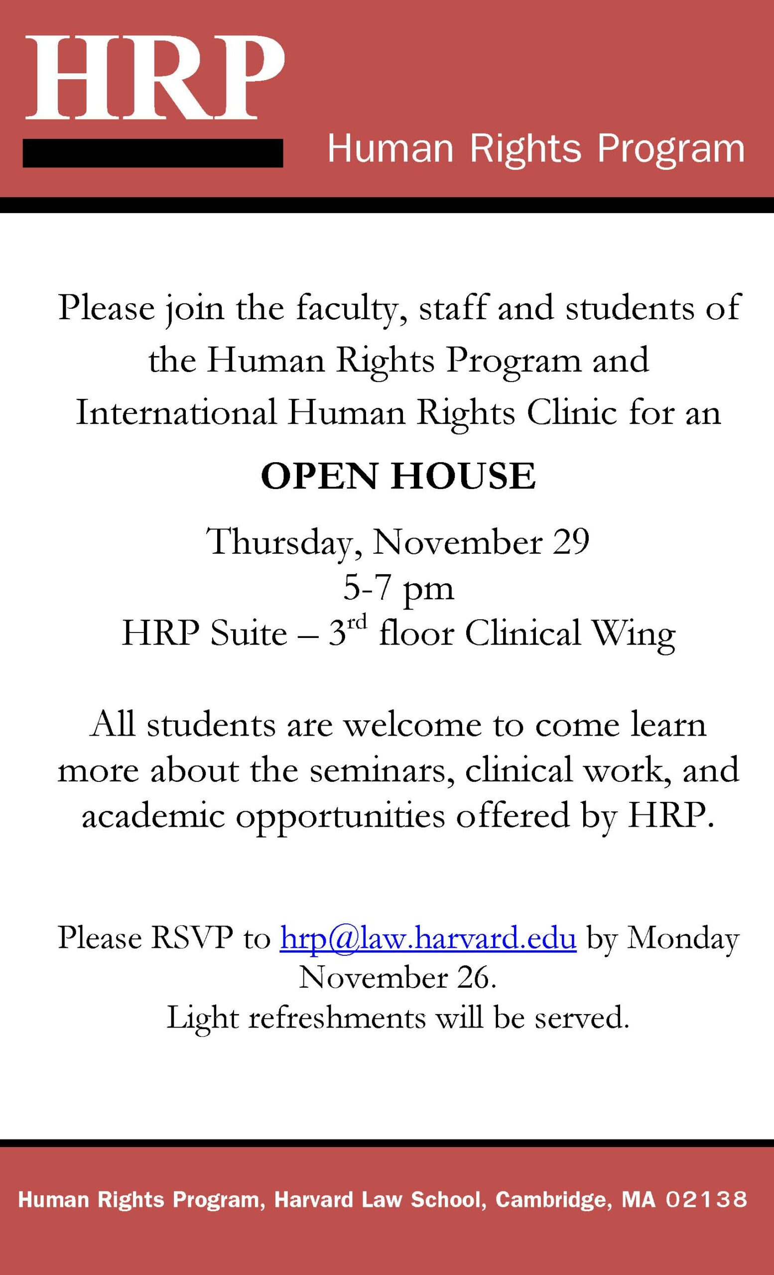 Open House Poster: Human Rights Program banner followed by details for the event.