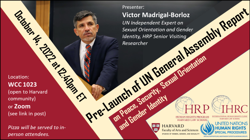 Banner for the prelaunch event of the UN General Assembly Report on Peace, Security, Sexual Orientation and Gender Identity by UN Independent Expert Victor Madrigal-Borloz.