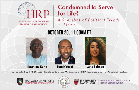 Banner for event on October 20 at 11:00am ET: Condemned to Serve for Life? A Snapshot of Political Trends in Africa with photos of panelists Ibrahima Kane, Lana Salman and Semir Yusuf.