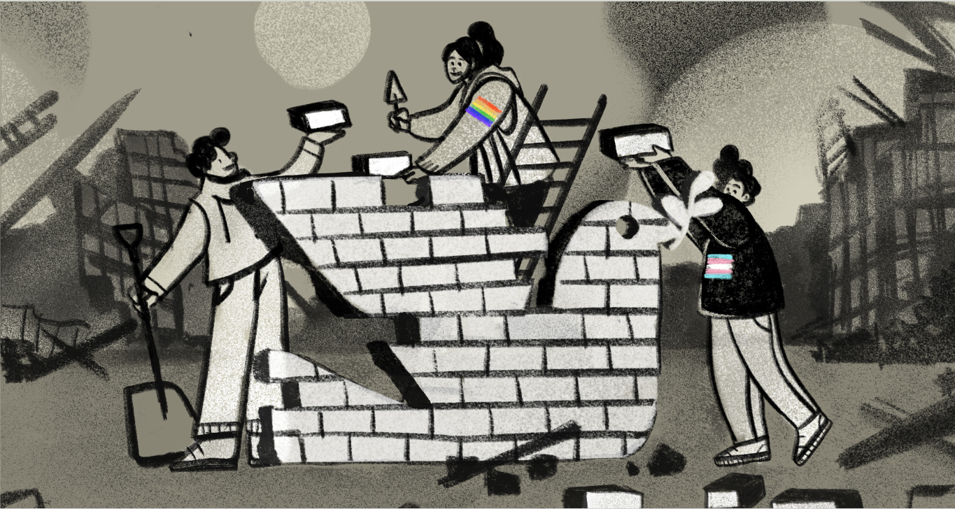 Cartoon of individuals with the rainbow and trans solidarity flags on their clothes using bricks to build a statue of a white dove.