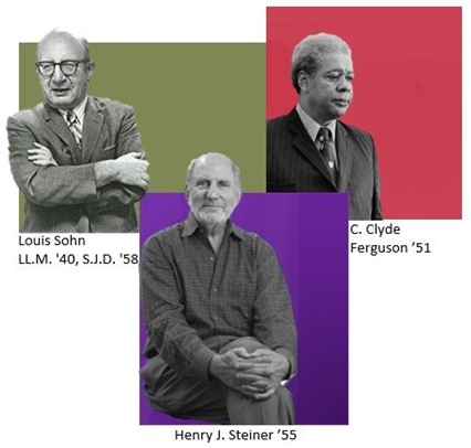 Photo collage of the following HRP luminaries: Louis Sohn wearing a suit and glasses (square olive background), C. Clyde Ferguson wearing a suit and tie (square red background) and Henry Steiner wearing a shirt (square purple background).