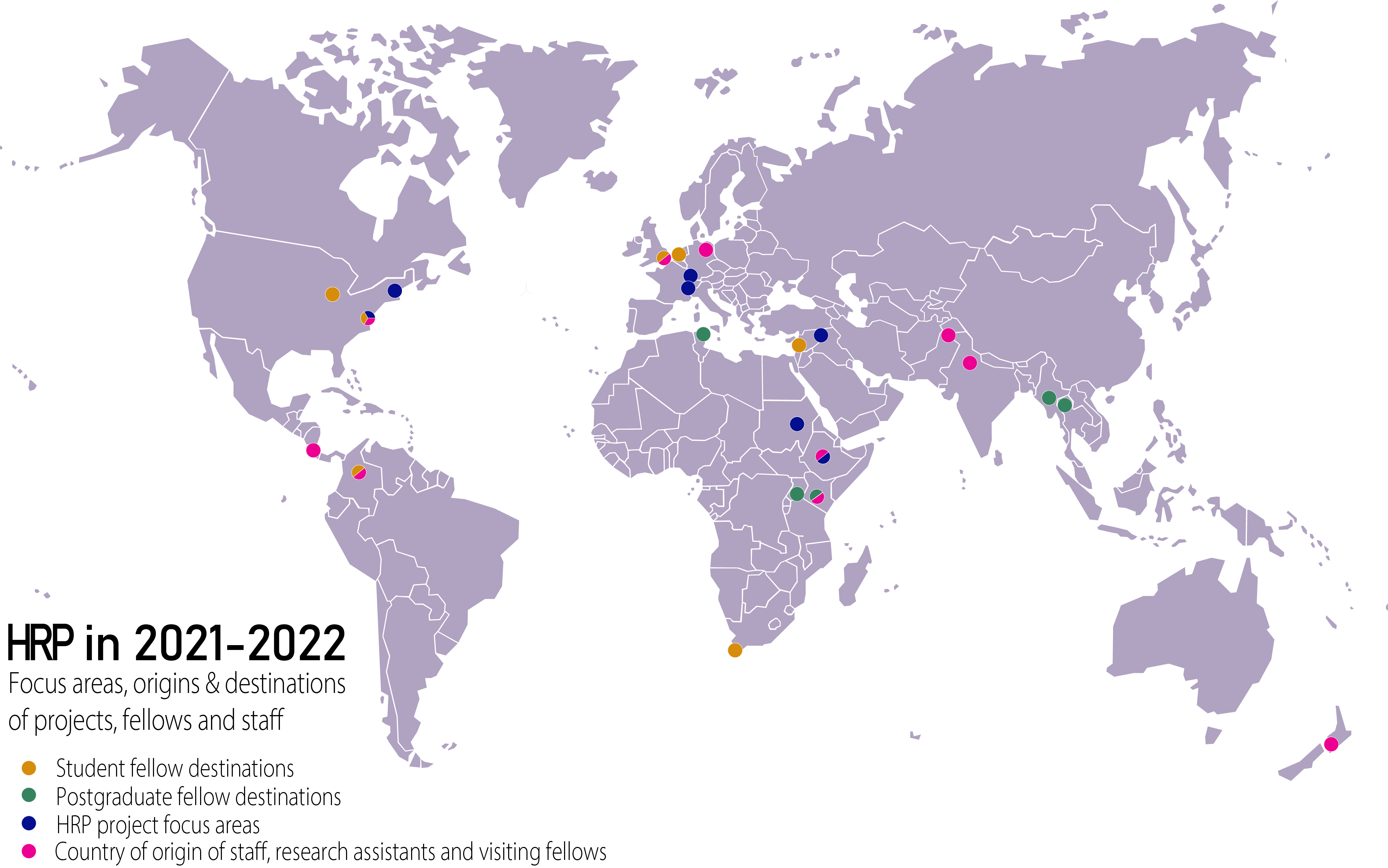 Purple tinted map with colorful dots marking the activity of HRP from 2021-2022