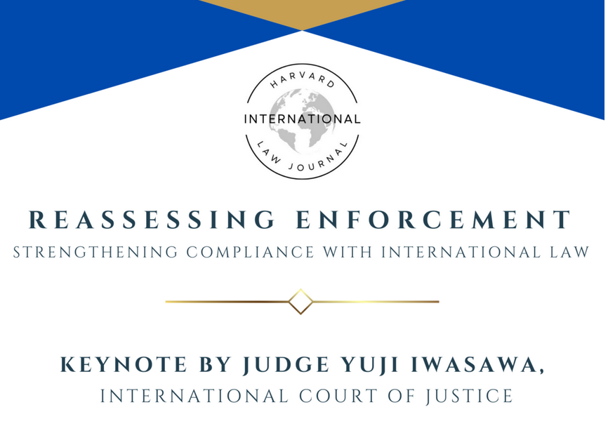 Preview poster of the 2023 Harvard International Law Journal titled "Reassessing Enforcement: Strengthening Compliance with International Law"
