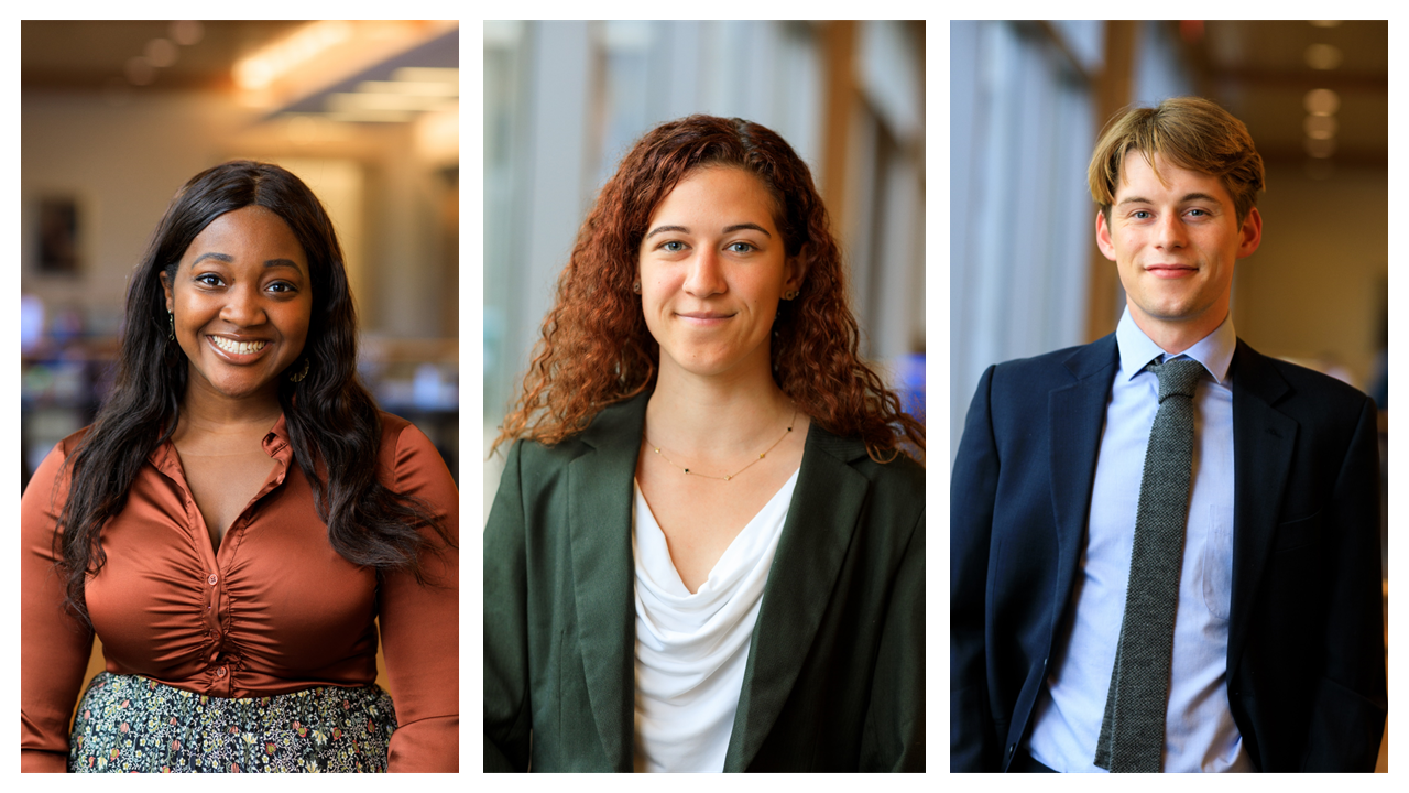 A collage of the 2023 HRP summer fellows, from left to right: Chinaza Asiegbu smiling into camera and wearing a shiny copper shirt; Sabrina Ochoa wearing a dark green jacket and white top; Krister Rasmussen smiling into camera wearing navy suit.