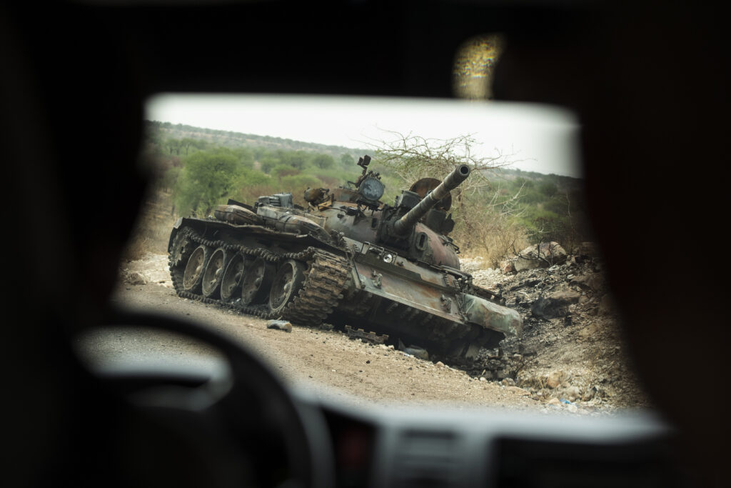 A destroyed tank is seen by the side of the road south of Humera in western Tigray, Ethiopia, May 1, 2021. (AP Photo/Ben Curtis, File)