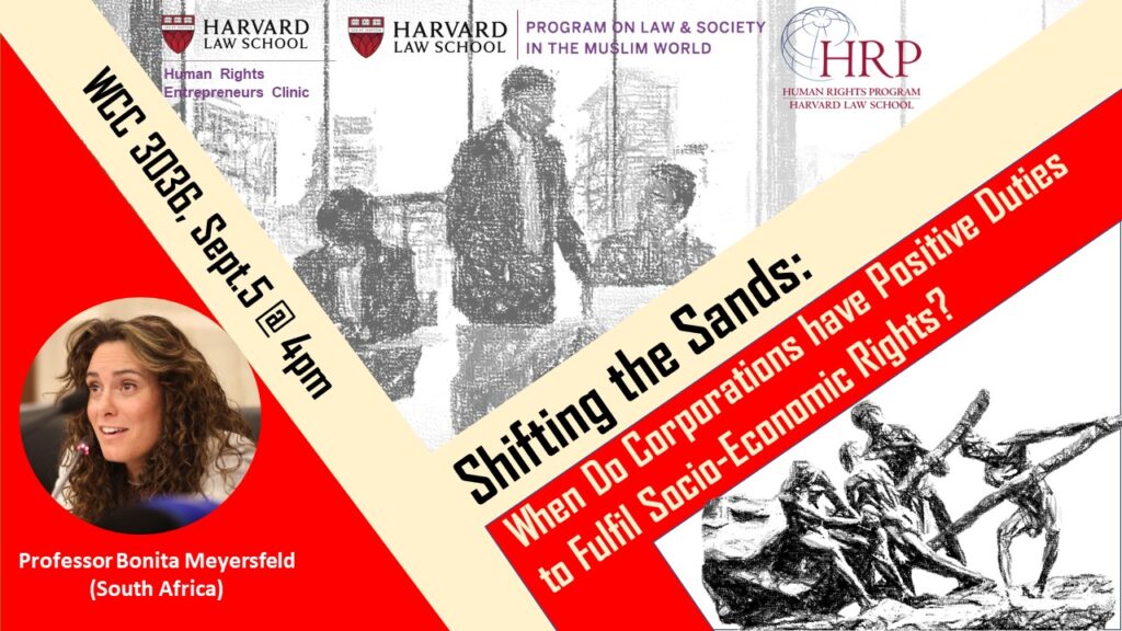 Banner for presentation by Professor Bonita Meyersfeld "Shifting the Sands: When do corporations have positive duties to fulfil socio-economic rights?" on September 5 at 4pm in WCC 3036.