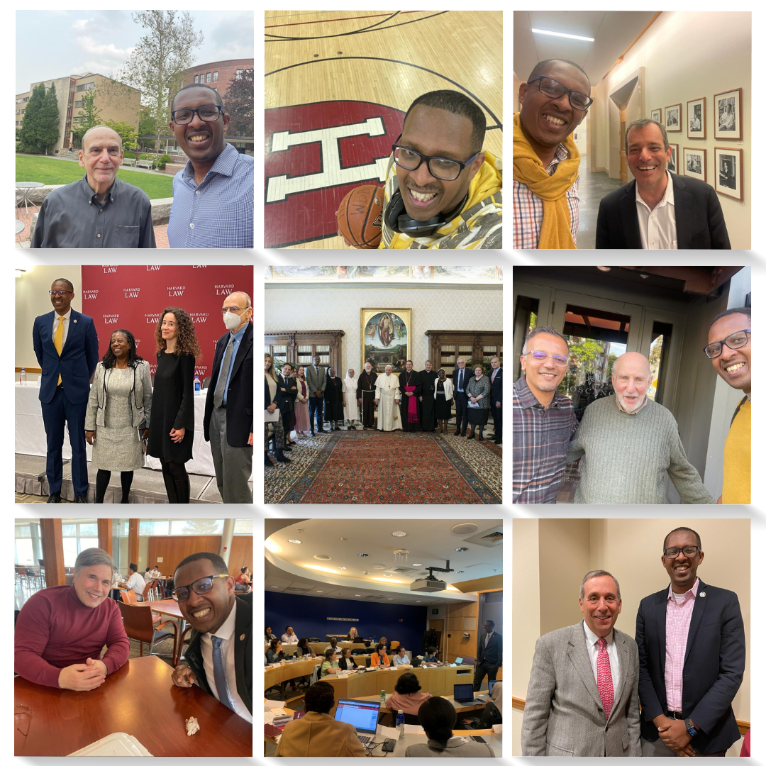 A square collage of nine photos. At center: Pope Francis standing between a dozen members of the Pontifical Commission on the Protection of Minors, with Benyam Dawit Mezmur standing to his left. Clockwise, from top left: 1. Mezmur with HRP Director Gerald Neuman. 2. Mezmur with basketball in Harvard gym. 3. Mezmur smiling with HLS Dean Manning. 4. HRP founder professor Henry Steiner standing between HRP Associate Director Abadir M. Ibrahim and Mezmur. 5. Mezmur standing next to former Harvard president Bacow. 6. Mezmur lecturing in classroom. 7. Mezmur smiling into camera with Michael Stein. 8. Mezmur standing and smiling into camera with Helene Tigroudja, Neuman and Arlene Brock.
