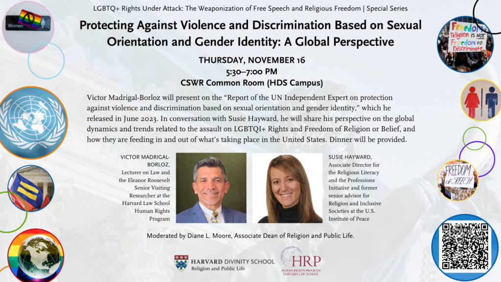 Event banner of "LGBTQ+ Rights Under Attack - Session 2: Protecting Against Violence and Discrimination Based on Sexual Orientation and Gender Identity: A Global Perspective" on November 16 at 5:30 pm in CSWR Common Room (42 Francis Ave, Cambridge). 