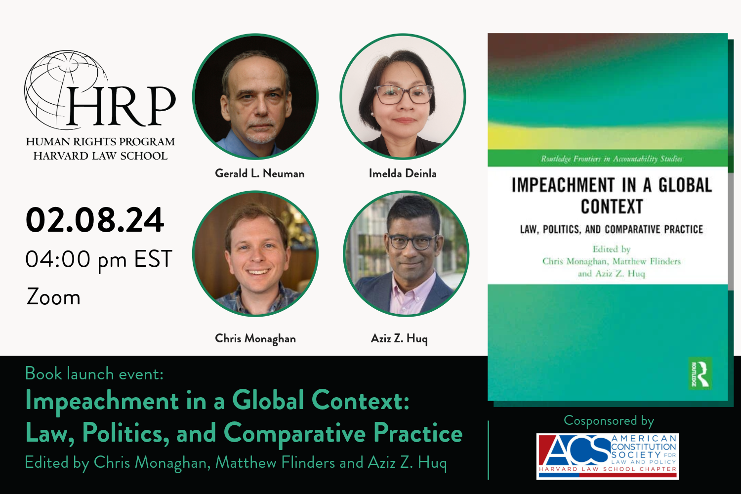 Event banner of virtual book launch of “Impeachment in a Global Context: Law, Politics, and Comparative Practice” on February 8 at 4 pm EST. Register on the HRP website.