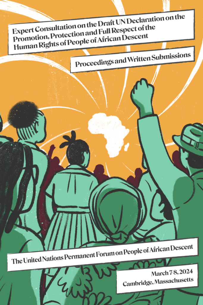 Front cover design of the publication "Expert Consultation on the Draft Declaration on the Promotion, Protection and Full Respect of the Human Rights of People of African Descent - Proceedings and Written Submissions". A group of people with their back turned towards the camera looking at an outline of the continent of Africa.