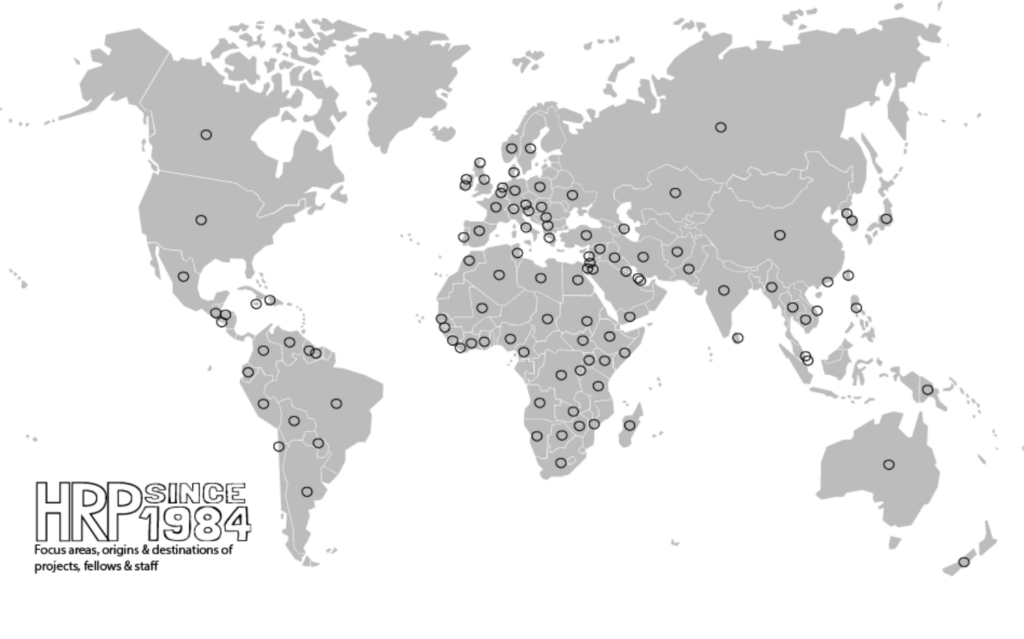 Grayscale world map showing locations of HRP's focus areas, origins & destinations of projects, fellows & staff since 1984.