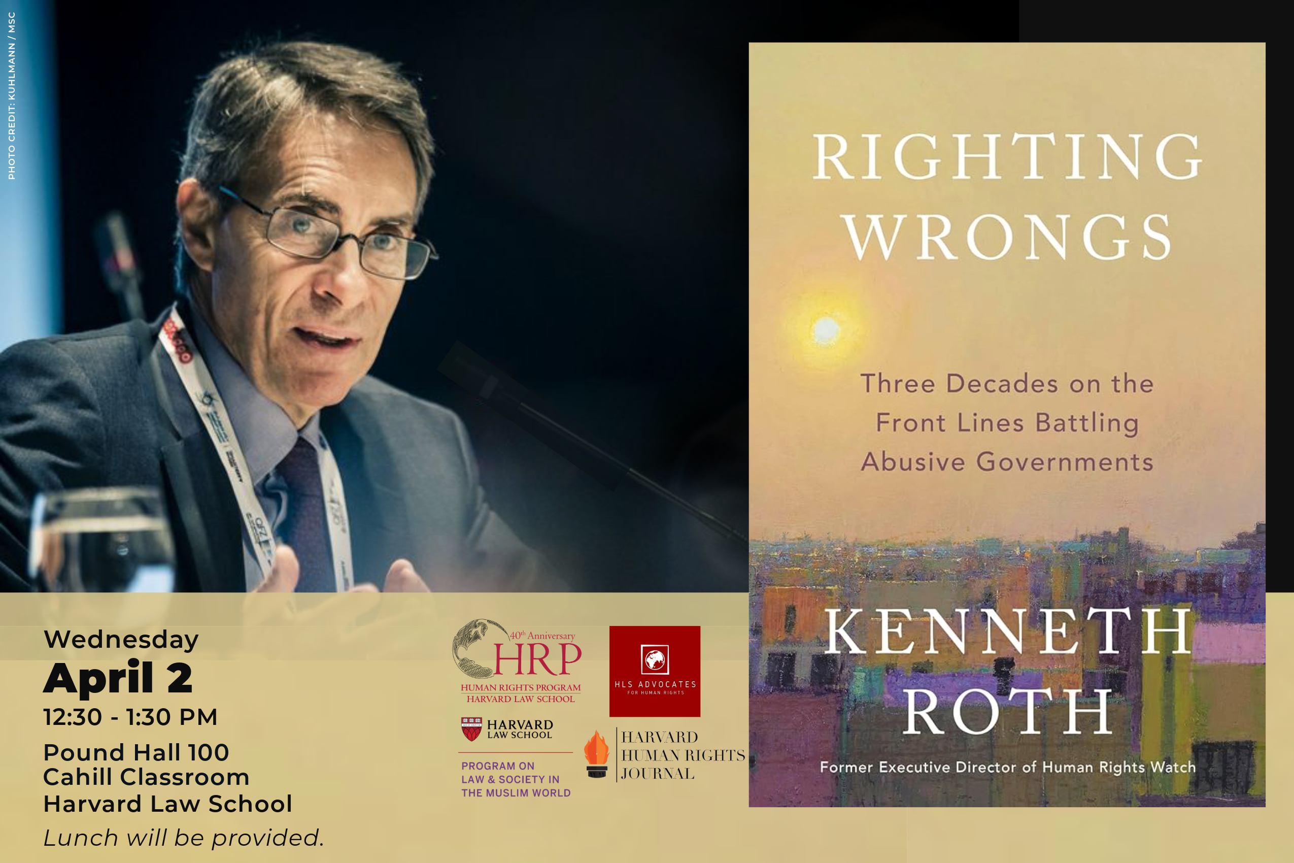 A decorative poster announcing the book launch event for Kenneth Roth's Righting Wrongs: Three Decades on the Front Lines Battling Abusive Governments