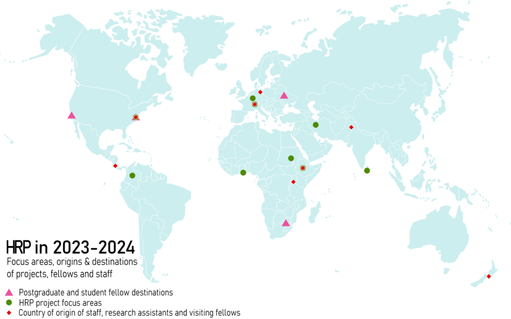 Light turquoise world map showing locations of HRP's focus areas, origins & destinations of projects, fellows & staff in 2023-2024.