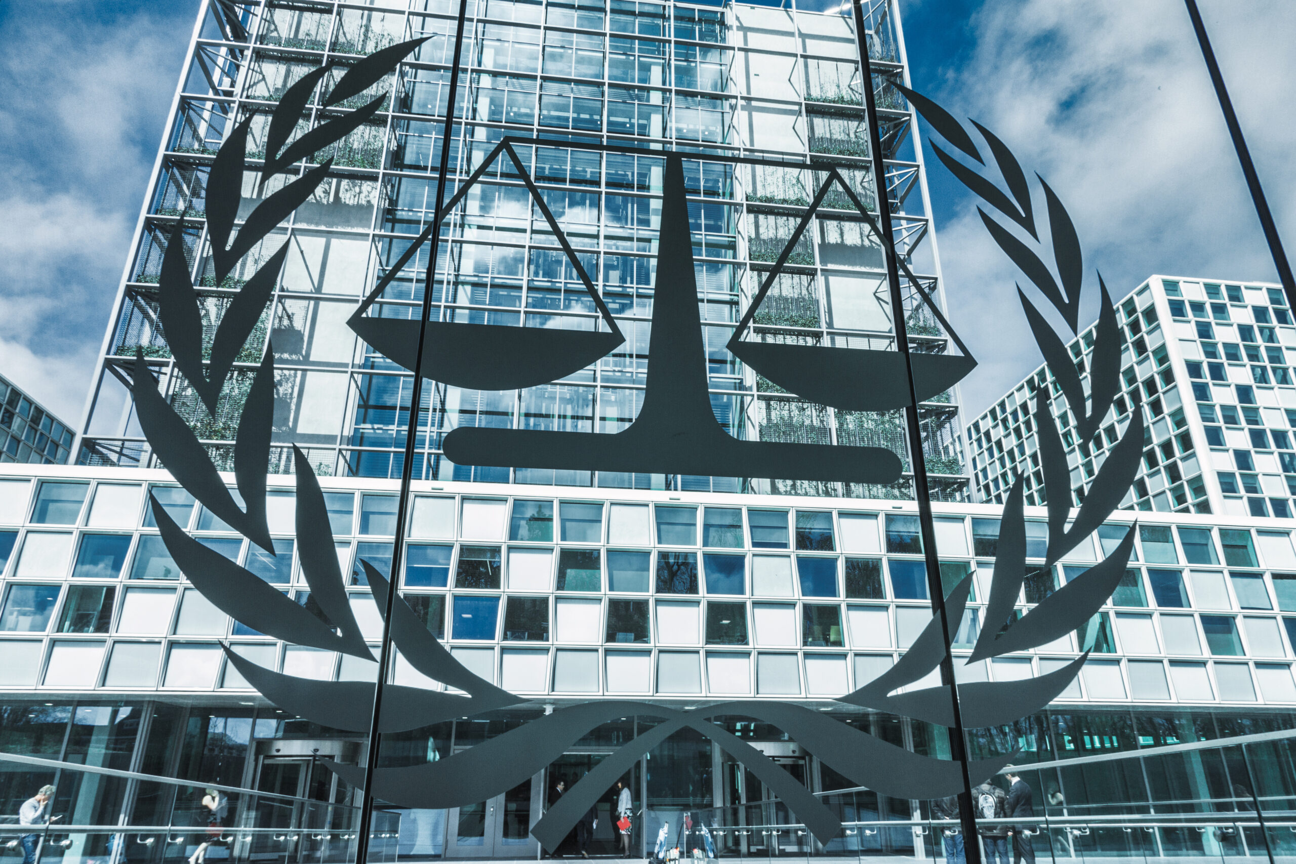 The logo of the international criminal court, at the entrance in front of the court building.