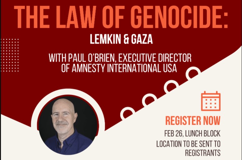 decorative poster for the event "The Law of Genocide: Lemkin & Gaza with Paul O’Brien"