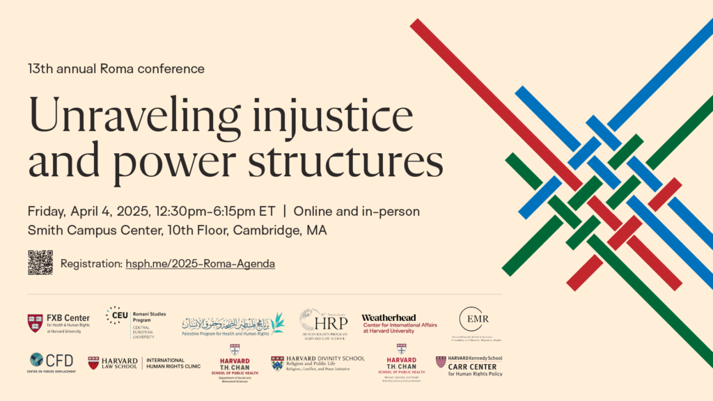 Decorative poster and QR Code for the 13th annual Roma conference titled "Unraveling Injustice and Power Structures"