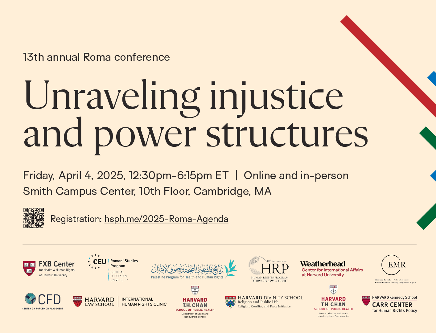 Decorative poster and QR Code for the 13th annual Roma conference titled "Unraveling Injustice and Power Structures"