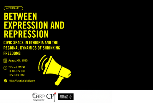 Decorative poster promoting a webinar titled “Between Expression and Repression: Civic Space in Ethiopia and the Regional Dynamics of Shrinking Freedoms”.