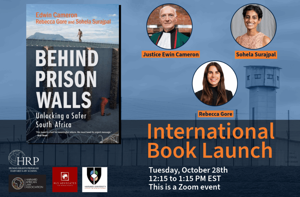 Decorative event poster for International Book Launch of “Behind Prison Walls: Unlocking a Safer South Africa” on October 28th at 12:15 PM on Zoom.