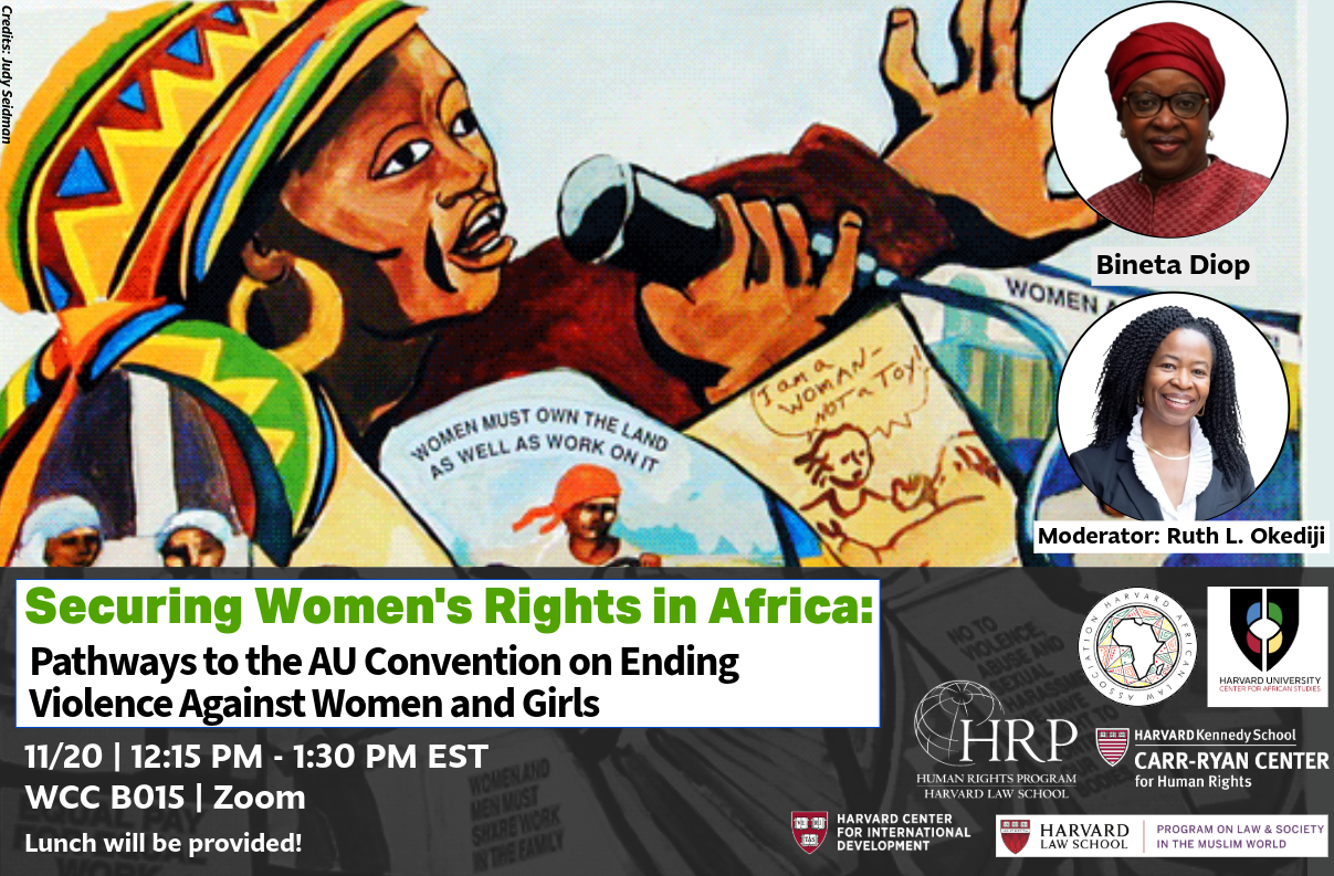 Decorative event poster for “Securing Women's Rights in Africa: Pathways to the AU Convention on Ending Violence Against Women and Girls” on November 20th at 12:15 PM EST at WCC B015 and on Zoom.